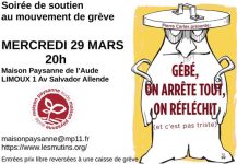 Mercredi 29 mars 20h, Diffusion du film, GÉBÉ ON ARRÊTE TOUT ON RÉFLÉCHIT, en soutien aux caisses de grève